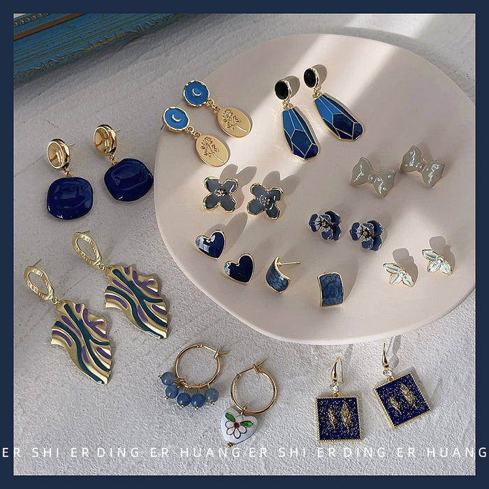 Blue Enamel Flower Studs Rectangle And Mismatched Hoop Earrings