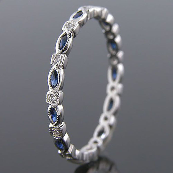 Silver Tone Blue Marquise CZ Thin Eternity Band Ring