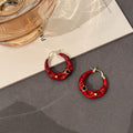 Black and Red Floral Pattern Rounded Hoop Earrings view 7
