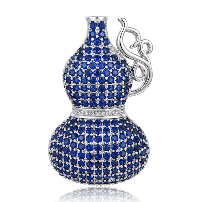 Blue Crystal Gourd Brooch with Silver Tone Swirl Handle