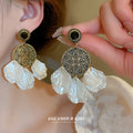 White Shell Floral and Pearl Drop Earrings Fashion Jewelry view 2