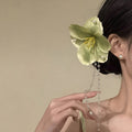 Light Green Fabric Flower Duckbill Hair Clip Pearl Tassel view 2