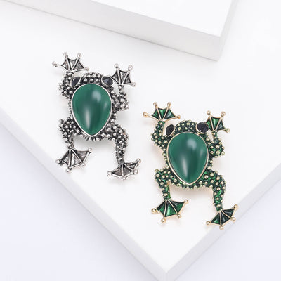 Main front view of Green Gem Frog Brooch In Gold Tone And Silver Tone Frames