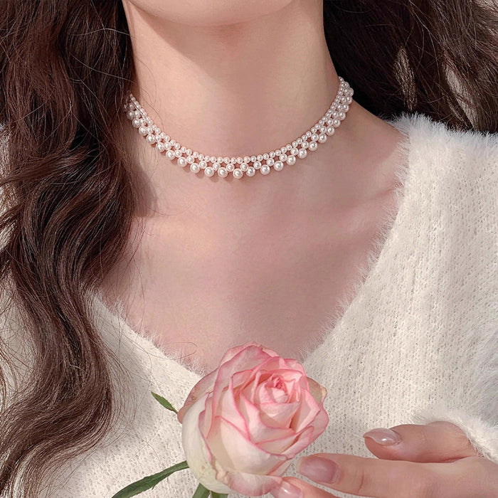 White Graduated Double Row Pearl Look Collar Necklace