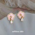 Gold Tone Pink Flower Clear Teardrop Stud Earrings For Women view 3