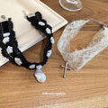 Black and White Lace Choker Necklace with Cross Pendant view 2