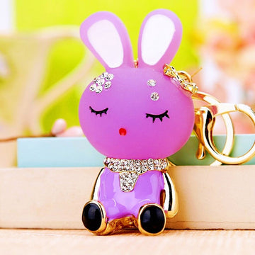 Eyelash Rabbit Keychain with Purple Enamel and Crystal Collar