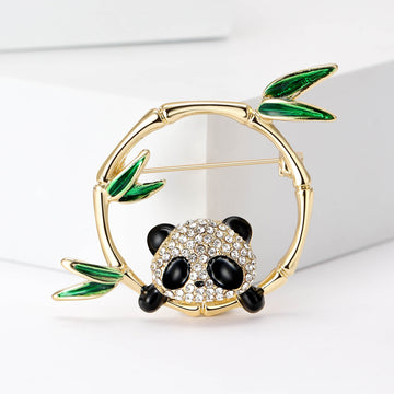 Rhinestone Panda Brooch Gold Bamboo Circle Leaf Pin