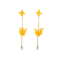 Yellow Flower Green Bead Long Gold Tone Chain Stud Earrings view 5