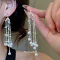 Silver Tone Pearl Tassel Statement Drop Earrings Fashion Jewelry view 4