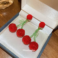 Red Pom Pom Cherry Drop Earrings With Green Stems Statement Jewelry Design view 4