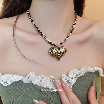 Leopard Print Heart Pendant Double Layer Cord Chain Necklace