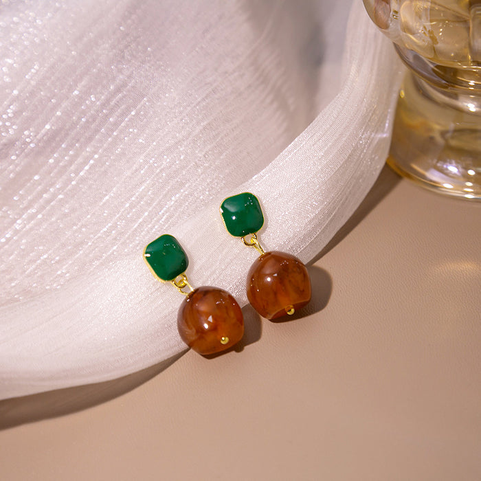 Green Square Top Amber Look Irregular Drop Stud Earrings