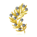 Matte Leaf Branch Brooch in Gold or Silver With Pearl Buds view 5