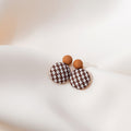 Houndstooth Fabric Round Stud Earrings Brown and Black White view 3