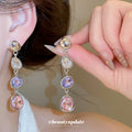Pink and Purple Crystal Linear Drop Earrings in Silver Tone view 2