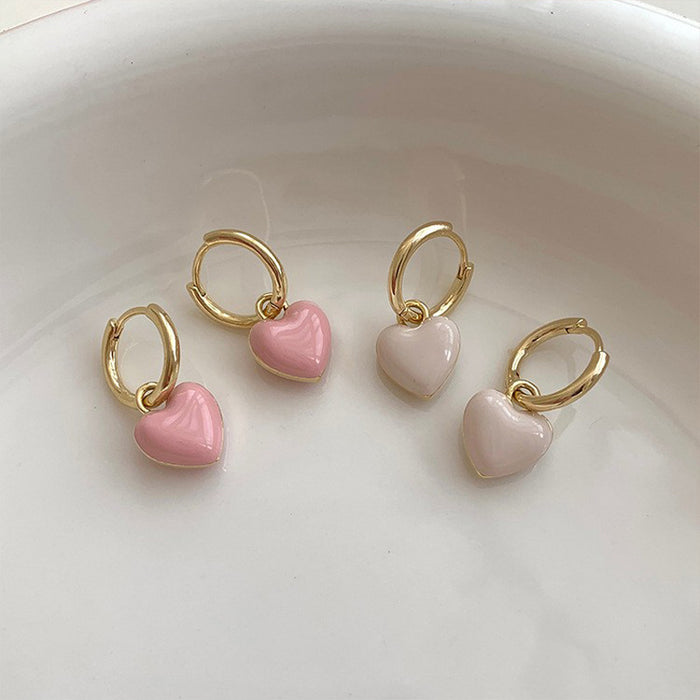 Pink Heart Charm Huggie Hoop Earrings in Gold Tone