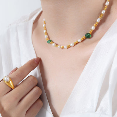 Gold pearl green stone bead collar necklace worn on model