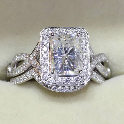 Rectangular Halo Stone Twisted Pavé Ring in Silver Tone shown in alternate angle