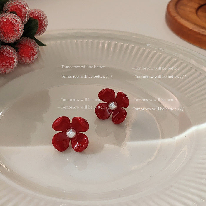 Glossy Red Flower Stud Earrings With White Pearl Centers