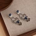 Blue Crystal Look Ornate Silver Long Stud Earrings view 2