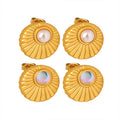 Ribbed Round Stud Earrings Faux Pearl Or Moonstone Centers view 5
