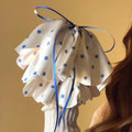 White Blue Floral Chiffon Scrunchie Bow Ribbon Hair Tie view 3