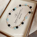 Blue Black Cream Pearl Glass Bead Colorblock Necklace view 2