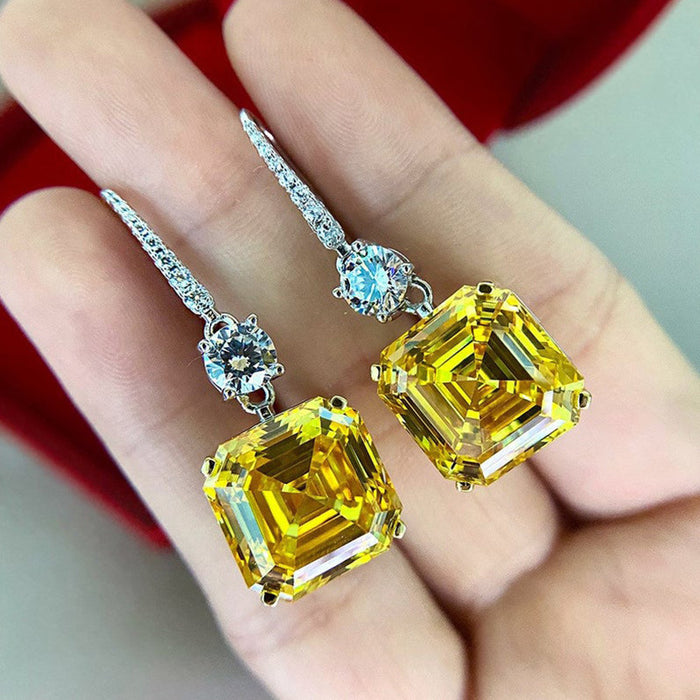Square Solitaire Long Drop Earrings In Clear Or Yellow