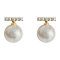 Gold Large Pearl T-Bar Stud Earrings Five Pearl Accent view 5