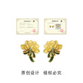 Yellow Enamel Peony Flower Gold Stud Earrings Green Leaf view 3