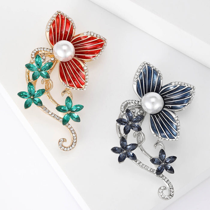 Enamel Flower Pearl Rhinestone Vine Brooch Red Blue Two Colors