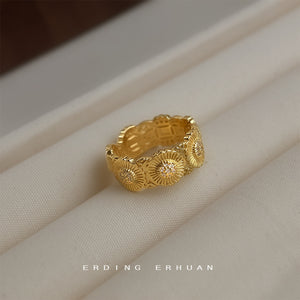 Gold Tone Clear Stone Flower Row Open Adjustable Ring For Women