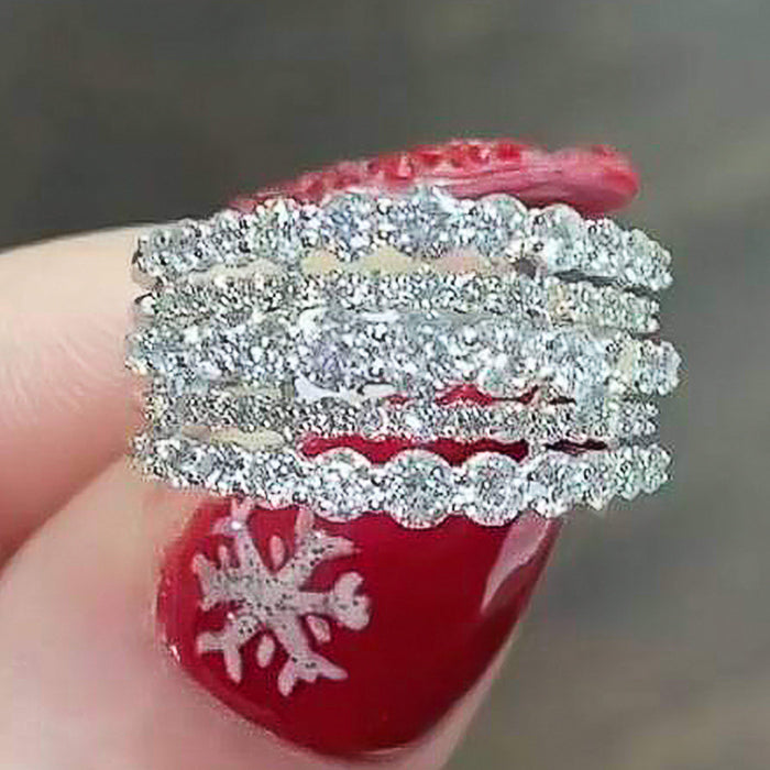 Silver-Tone Five-Row Round Clear Cubic Zirconia Wide Band Ring