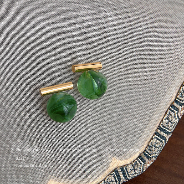 Polished Gold Bar Green Marbled Sphere Stud Earrings