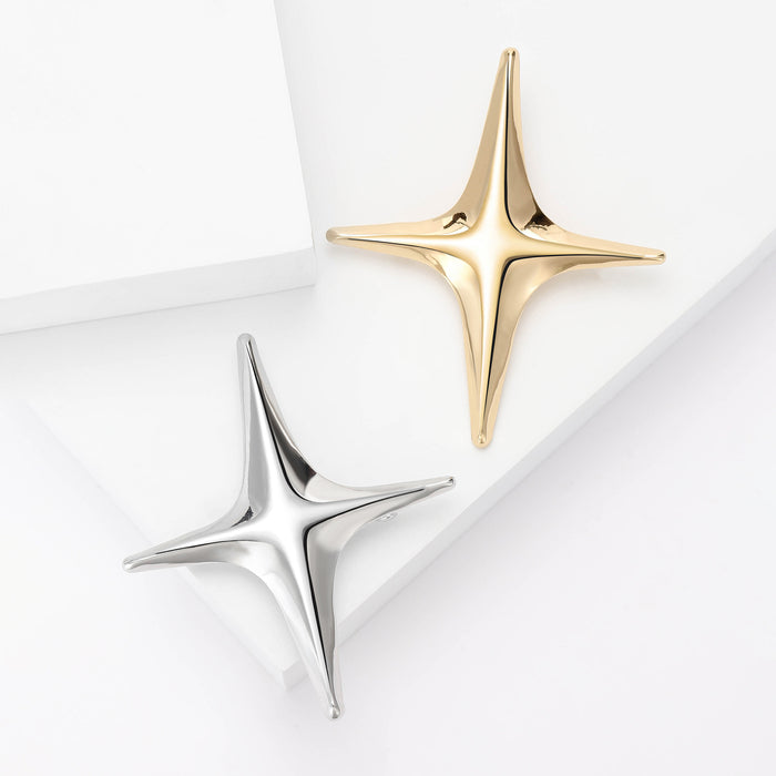Polished Metal Four Point Star Brooch Gold Silver Two Finishes