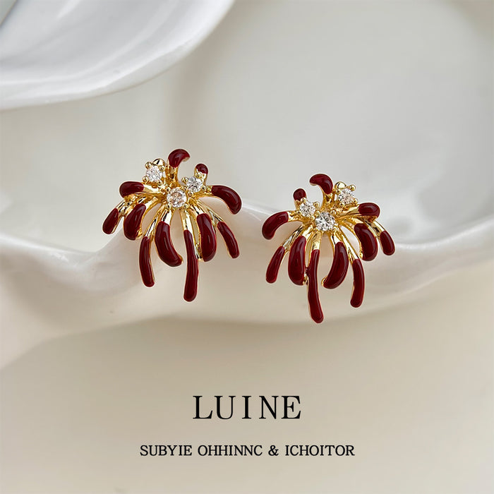 Gold Tone Burgundy Enamel Firework Flower Stud Earrings
