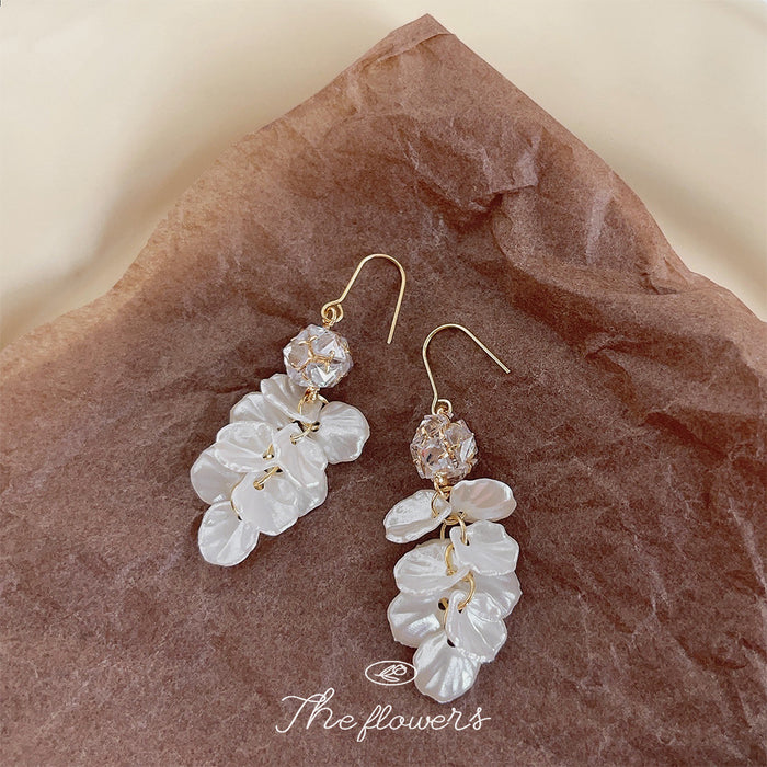 Gold Tone White Leaf And Pale Pink Stone Cluster Hook Earrings