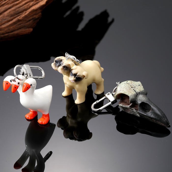 Silver Tone Three Headed Dog Goose and Bird Skull Novelty Keychains
