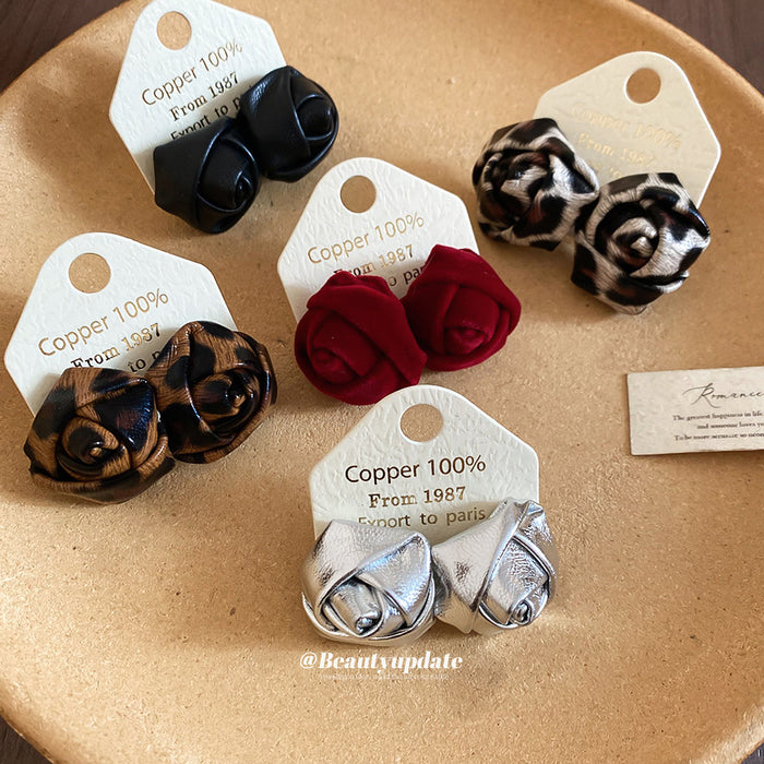 Red Brown Fabric Rose Stud Earrings with Sculpted Petals