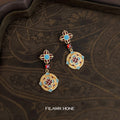 Gold Tone Aqua Red Cross Floral Medallion Drop Stud Earrings view 6