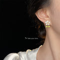 Crystal Pave Flower Stud Earrings Pearl Center Leaf Drop view 2
