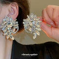 Silver Tone Oversized Floral Crystal Statement Earrings view 1