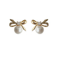 Bow Pearl Stud Earrings Square CZ Gold Silver Tone view 5