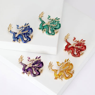 Coiled Chinese Dragon Enamel Brooch in Five Colors