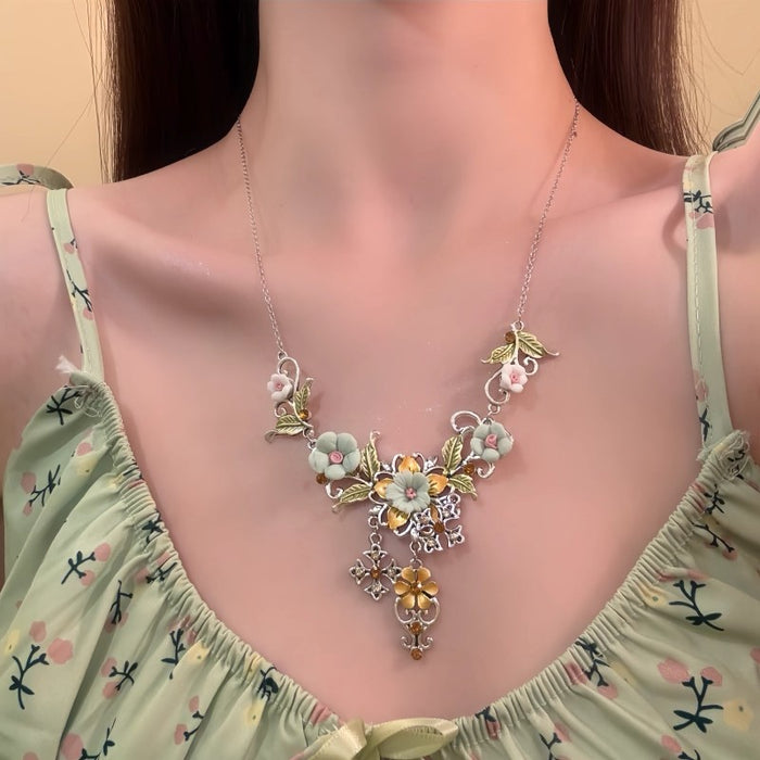 Floral Branch Statement Necklace With Green and Amber Accents