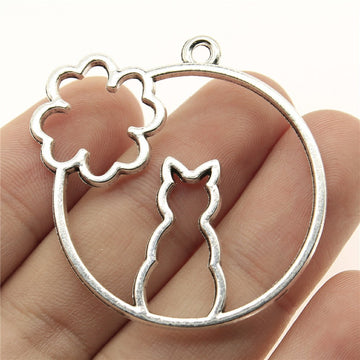 Cat and Flower Open Frame Round Metal Pendant in Two Finishes