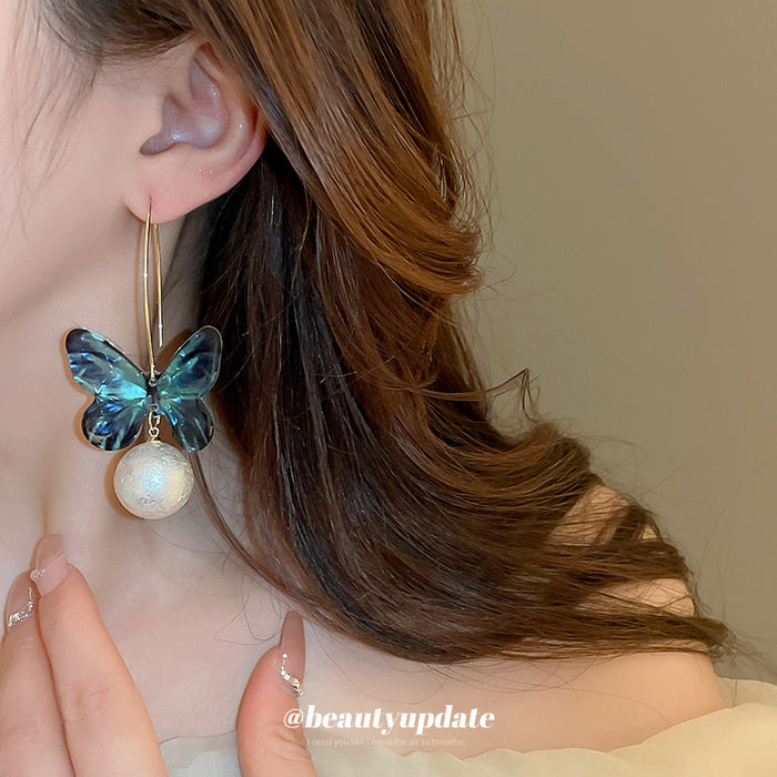 Blue Butterfly Hoop Drop Earrings with Round Faux Pearl Accent