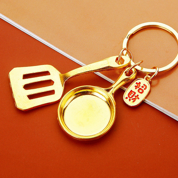 Jeweled Gold Spatula and Frying Pan Kitchen Utensil Keychain