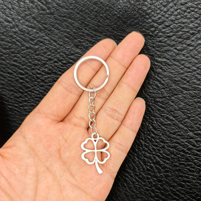 Silver Four Leaf Clover Charm Metal Split Ring Keychain
